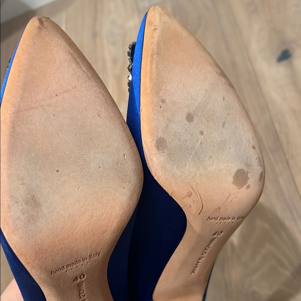 Manolo Blahnik Hangisi Royal Blue Satin Heels with Embellished Buckle 90mm - Picture 4 of 4